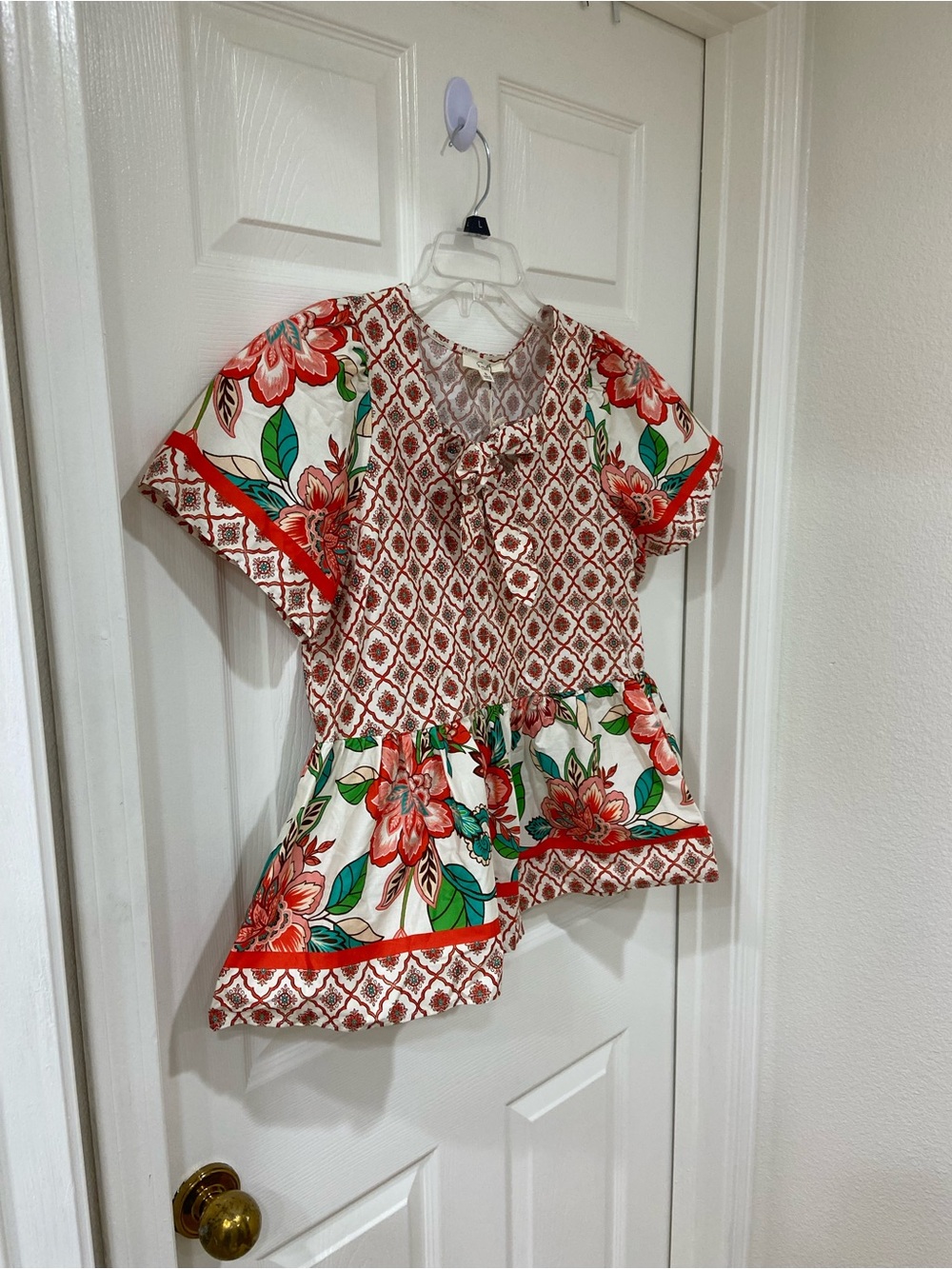 New Red and Cream Floral Patchwork Bow Peplum Flowy Blouse